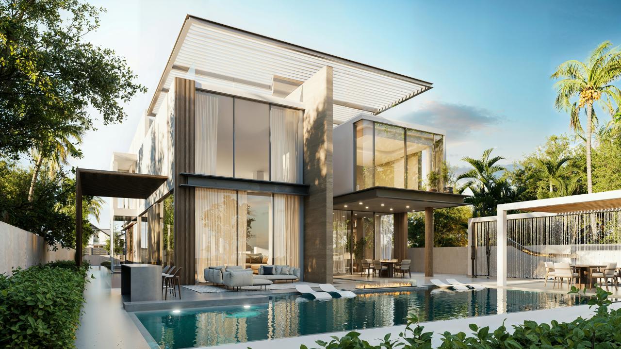 Modern luxury house with swimming pool and lush green landscaping.