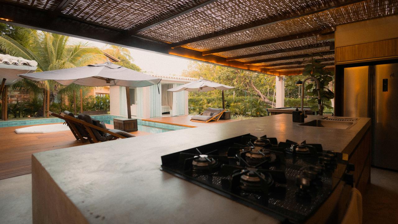 Modern outdoor kitchen and pool area